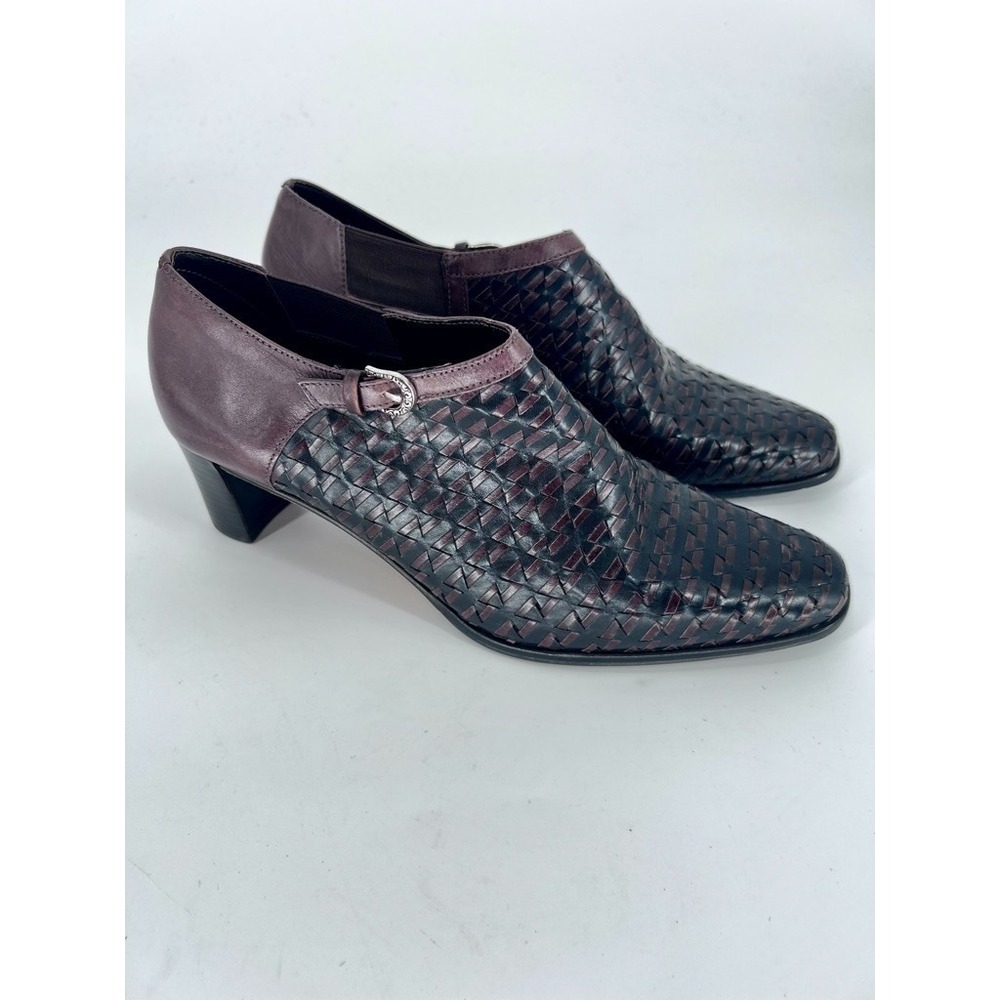 Women's 10 M Brighton Turner Brown Ankle Booties Woven Leather Slip On Heeled